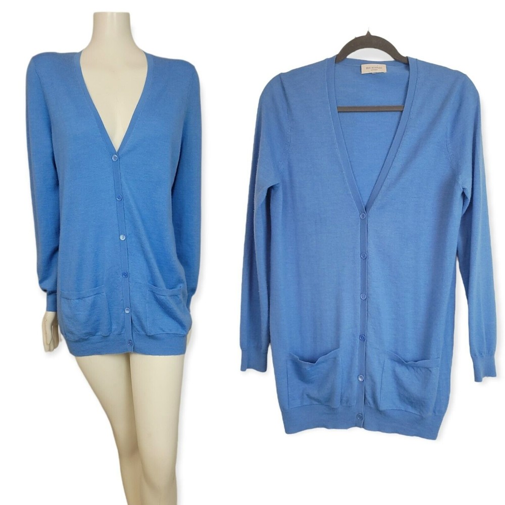 Eric Bompard 100% Cashmere Soft Cardigan V-Neck Classic Front Patch Pockets Blue